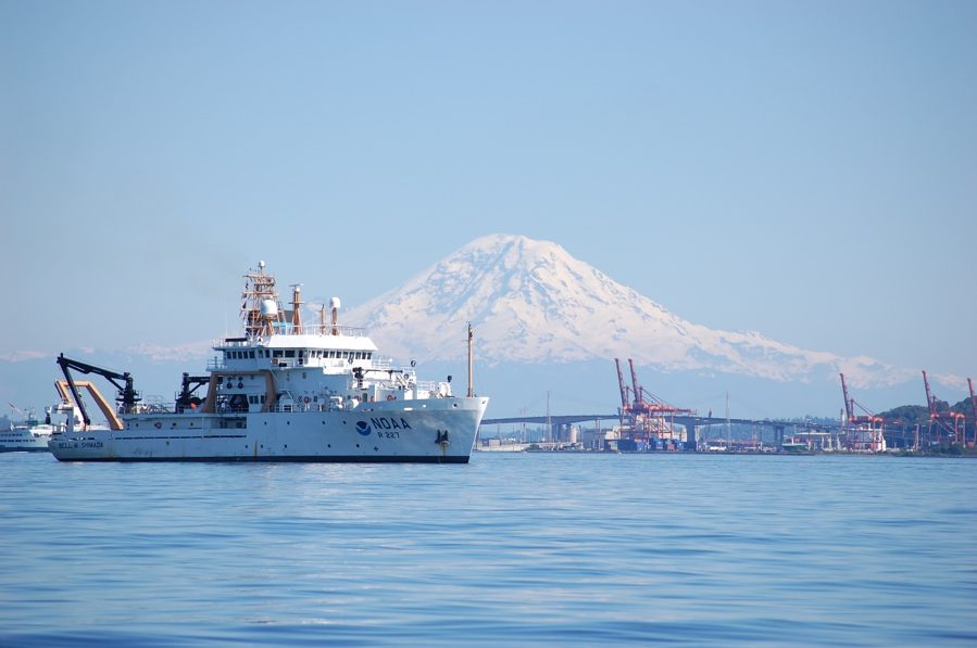 NOAA’s fisheries survey vessel, Bell M. Shimada (R-227), christened in 2008, in Elliot Bay. Photo by Sean Mooney.