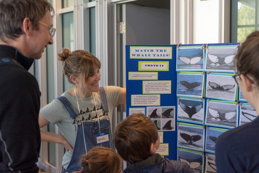 A group of people gathering around a whale poster at an Open House event.