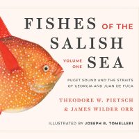 A cover of the book 'Fishes of the Salish Sea' featuring an orange fish.