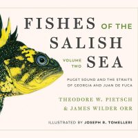 A cover of the book 'Fishes of the Salish Sea' featuring a green and yellow fish.