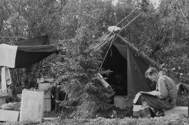 A black and white photo of Robert "Bud" Burgner at FRI Lake Chauekuktuli camp, sitting outside of a tent.