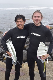 John and another student standing on the beach in Hokkaido, Japan after snorkeling