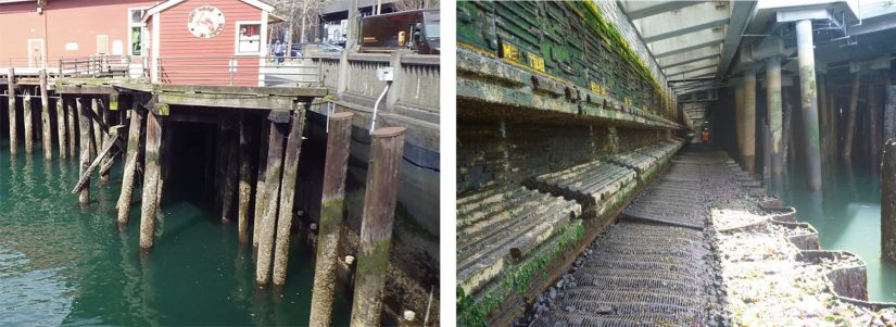 Two photos comparing Seattle's seawall, pre and post reconstruction