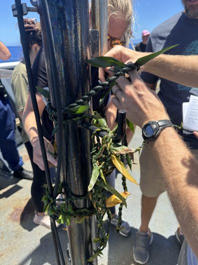 Someone ties a lei (Hawaiian flower necklace) to the mast of a ship.