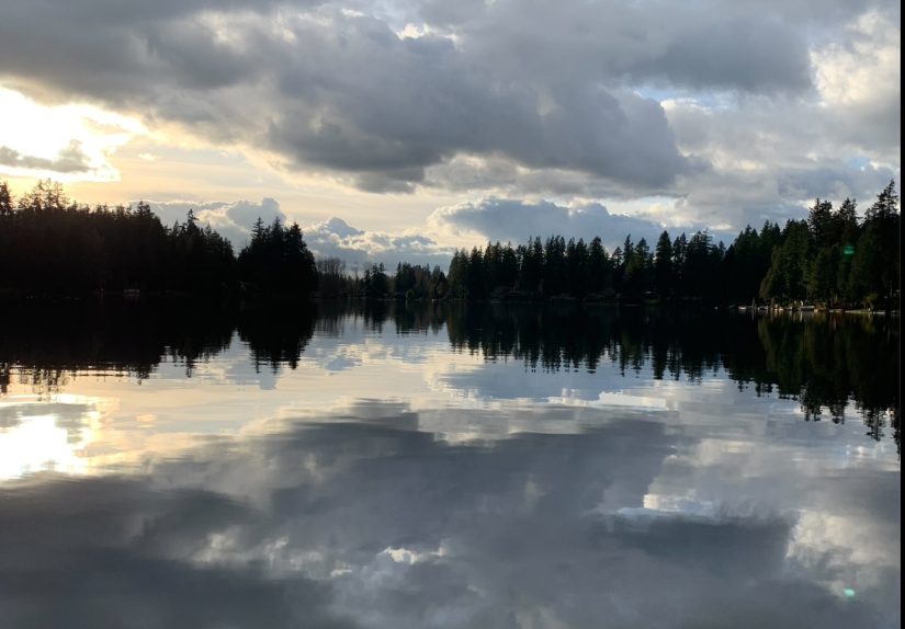 A lake with a very reflective surface, surrounded by woods and big white clouds in the sky.