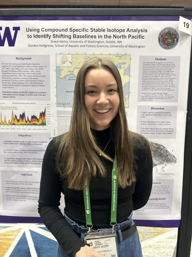 A woman stands smiling into the camera with a scientific poster behind her.