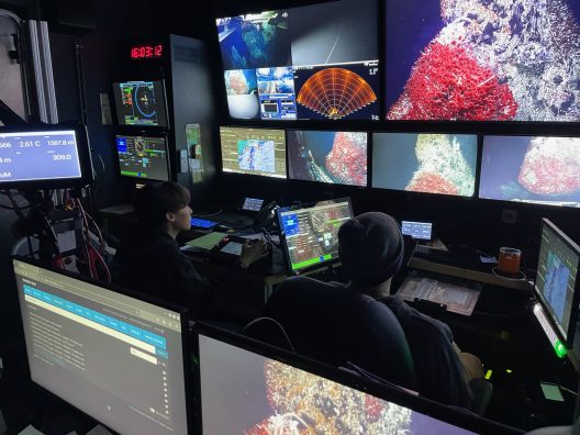 Two people sit in front of computer screens showing various deep ocean scenes, in a dark room.